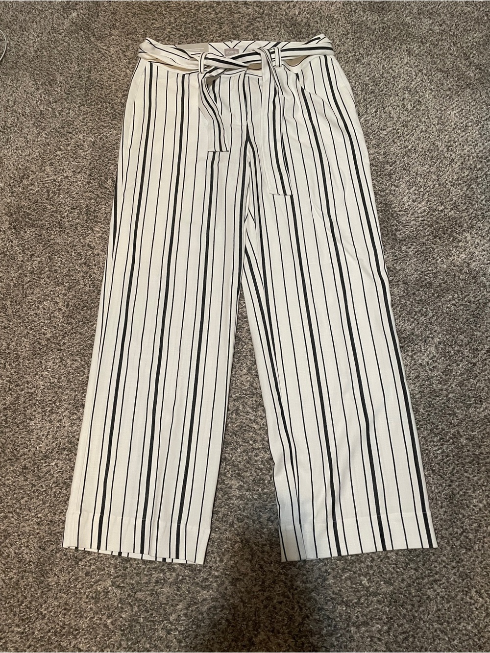 Chico's Linen Style White Pants with Black Vertical Stripes